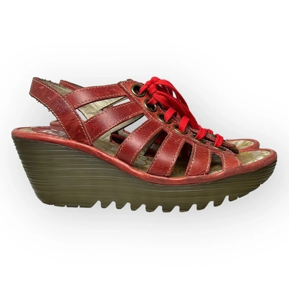 Fly  London Yito Red Lace-Up Slingback Wedge Sandals 36 - Picture 1 of 9